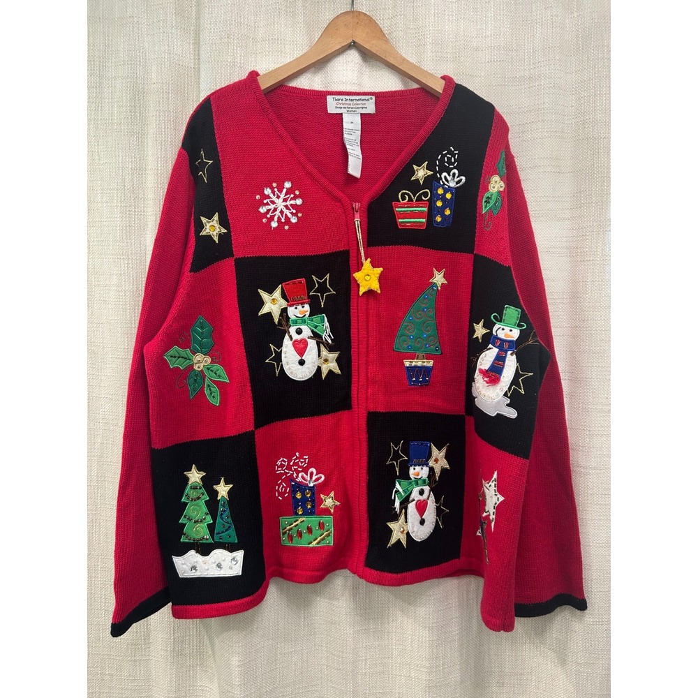 Tiara International Christmas Cardigan Womens 3X Sweater Holiday Embroidered VTG